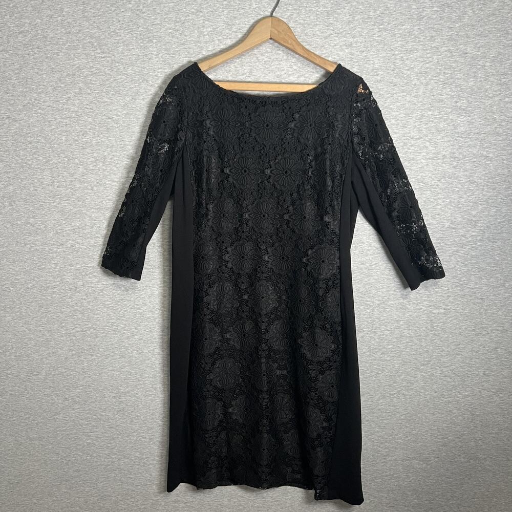 Nine West Dress Womens 16 XL Black Lace Overlay Sheath 3/4 Sleeve Cocktail Party
